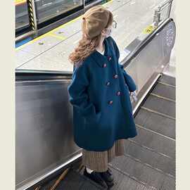 韩系小个子蓝色翻领毛呢外套女装2025秋冬新款高级感双面呢子大衣