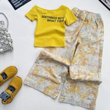 女童2025夏季新款美式高街做旧绘画涂鸦碎花高腰牛仔阔腿裤背心套