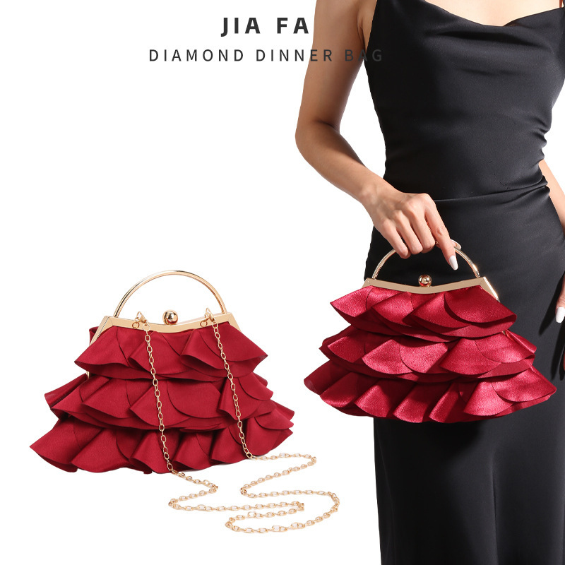 2026 New Style Burgundy Rose Petal Evening Bag Women's Chain Handbag Bridal Dress Bag Pleated Cloud Bag 2026 New Style Burgundy Rose Petal Evening Bag Women's Chain Handbag Bridal Dress Bag Pleated Cloud Bag