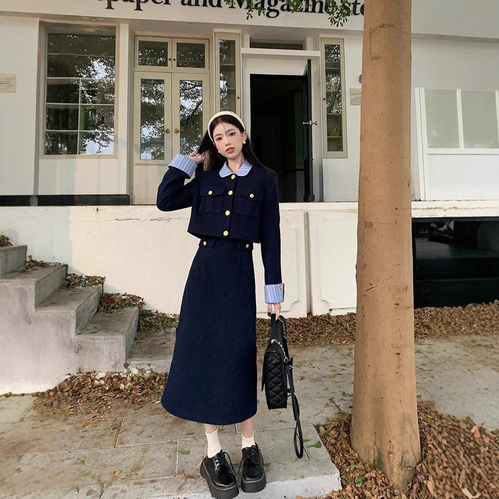 法式小香风时尚套装冬季女短款时尚外套假两件中长裙连衣裙两件套