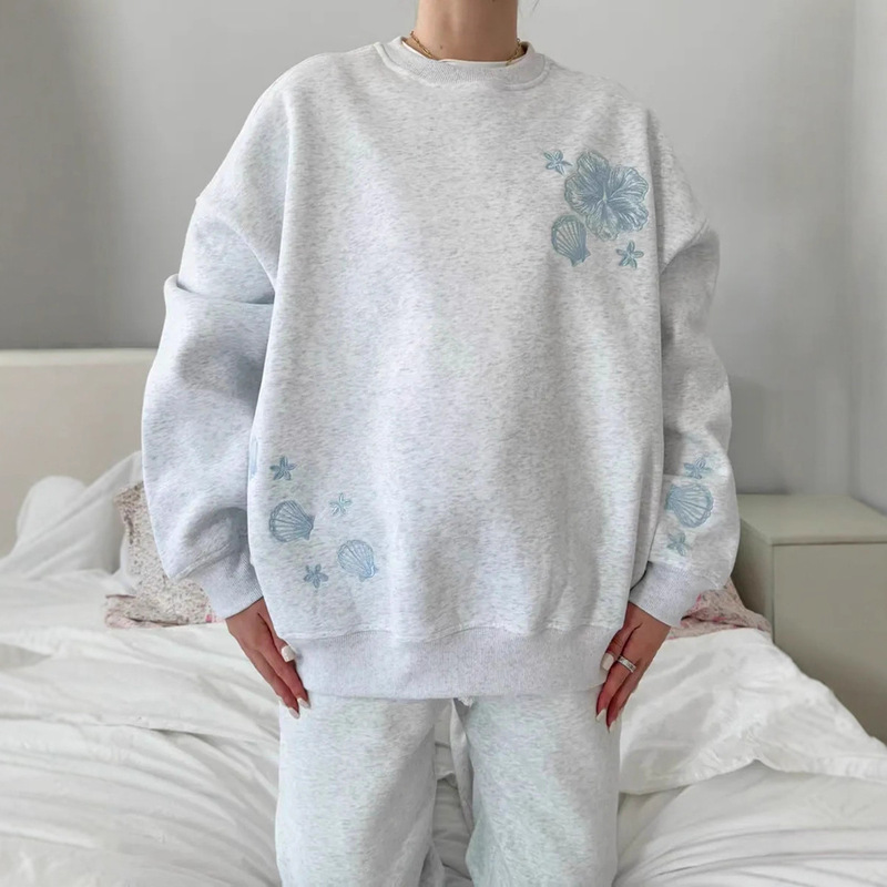 Autumn and Winter Fashion Trendy Fresh Loose Versatile Personality Shell Light Print Thickened Crew Neck Sweatshirt Top