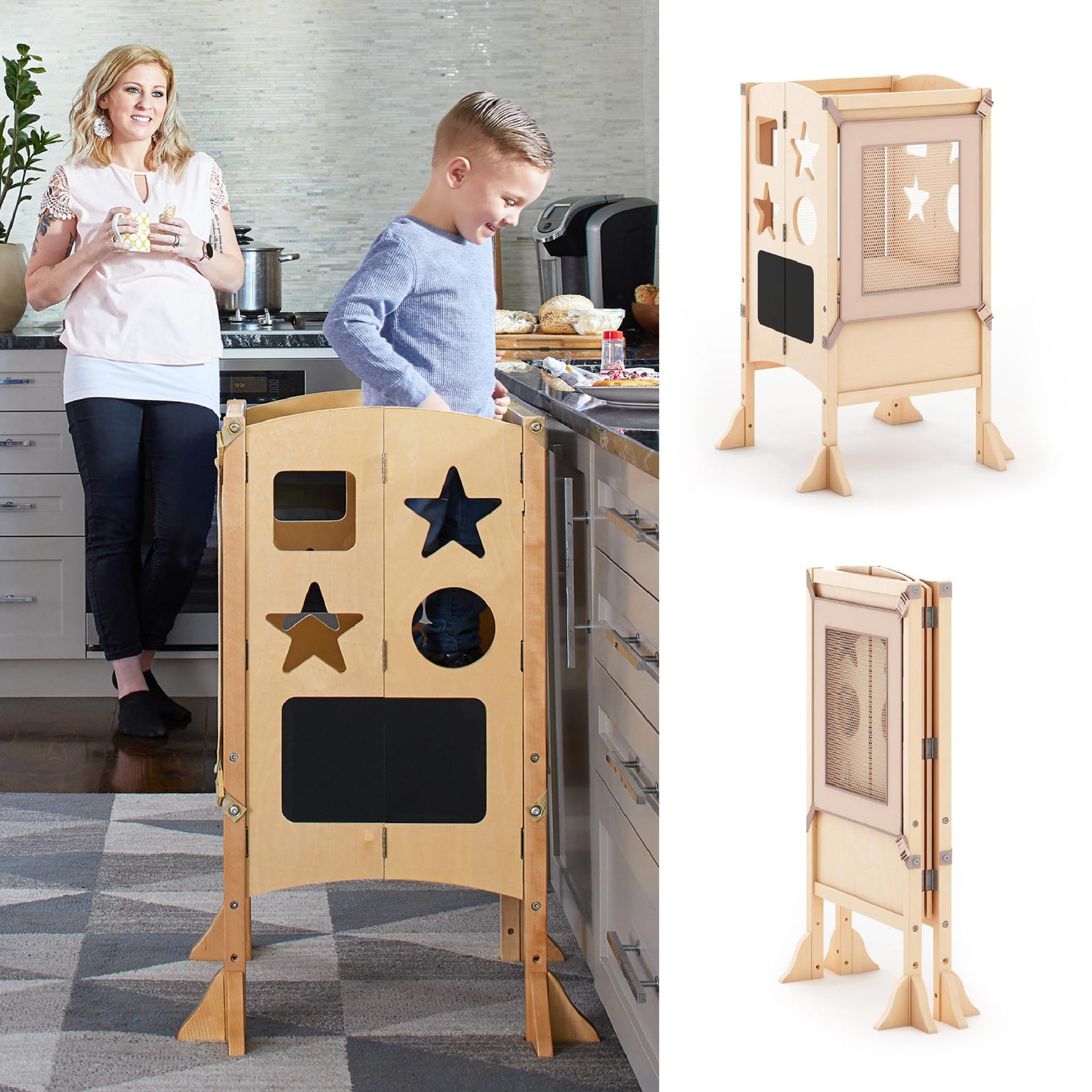Taburete de baño para niños, taburete para bebés, escalones de lavado de manos, taburete de pies con pasamanos, torre de aprendizaje anti-rollback, madera image 4