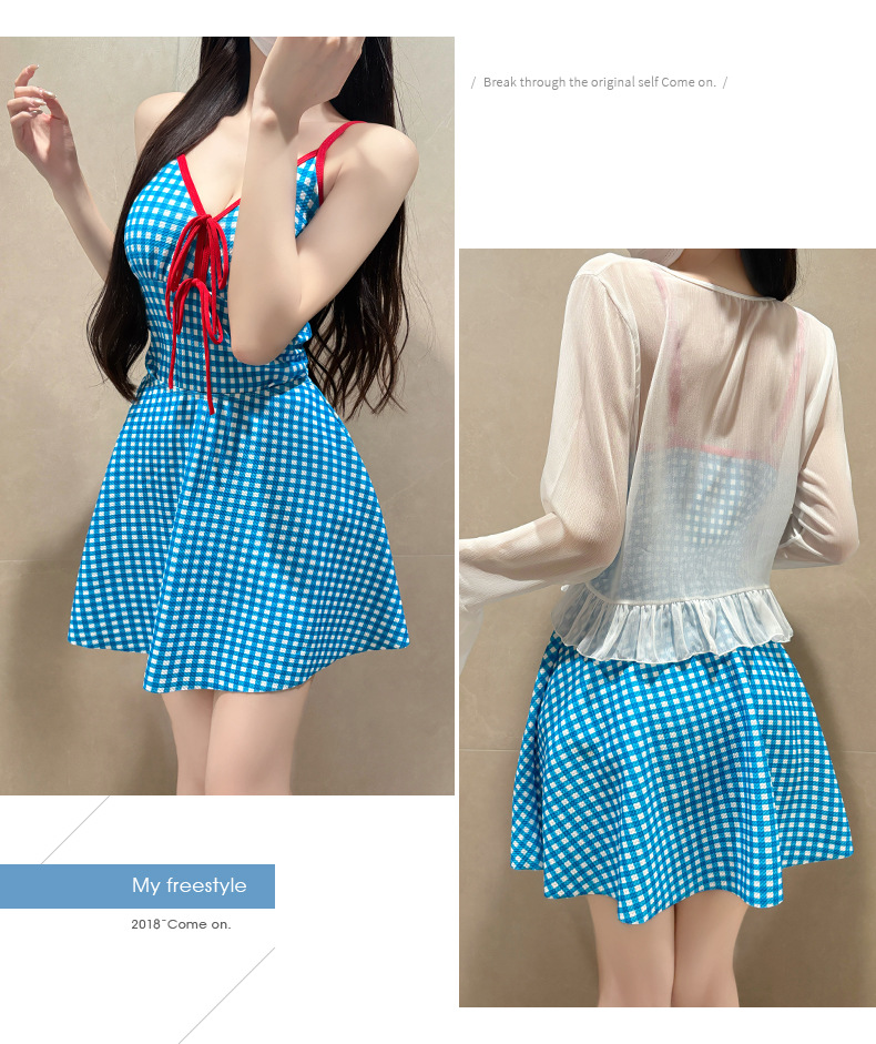 Plus Size Retro Plaid Long Sleeved Swim Set With Mesh Sun Protection_voghion.com
