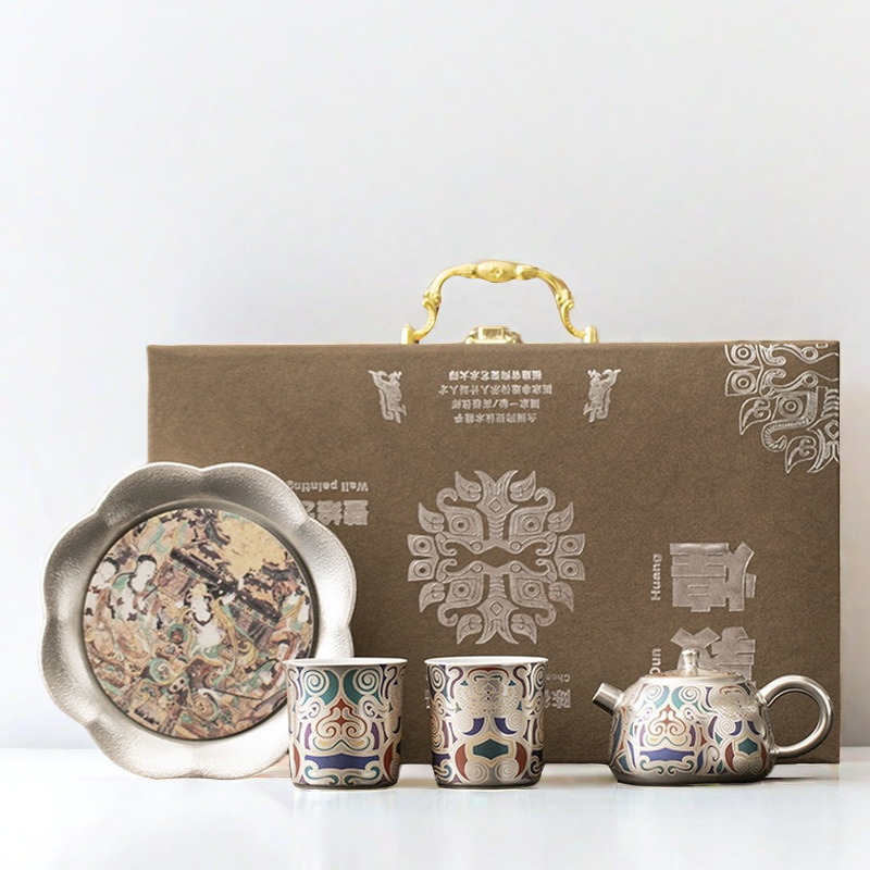 Chen Desheng Dunhuang porcelain bag silver pot handmade silver tea set suit gift portable ceramic kung fu tea set gift box Chen Desheng Dunhuang porcelain bag silver pot handmade silver tea set suit gift portable ceramic kung fu tea set gift box