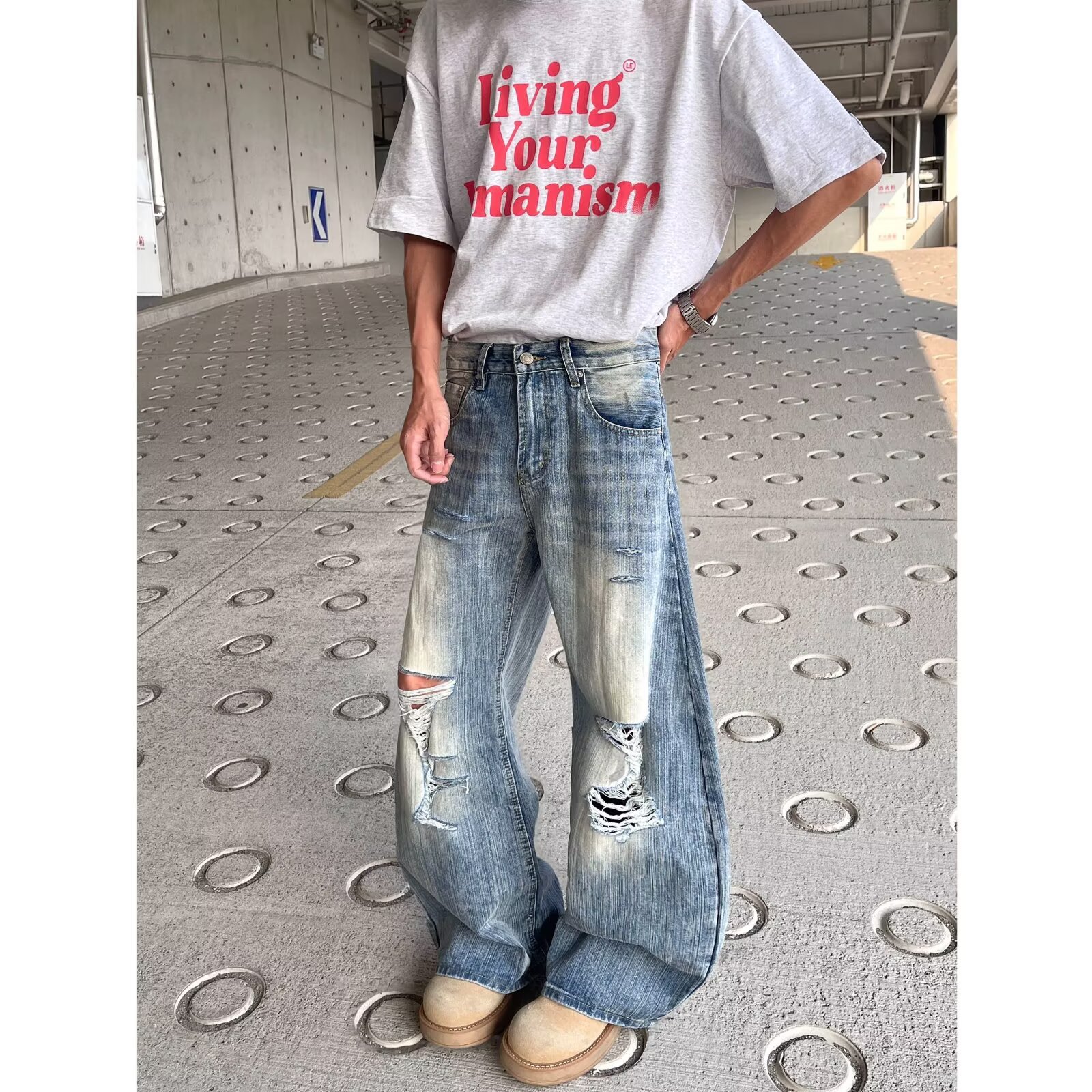 Unisex Distressed Denim Jeans | Relaxed Straight Leg Fit For Men And Women | Comfortable Stretch, Vintage Washed, Everyday Casual Style_viptrois.com