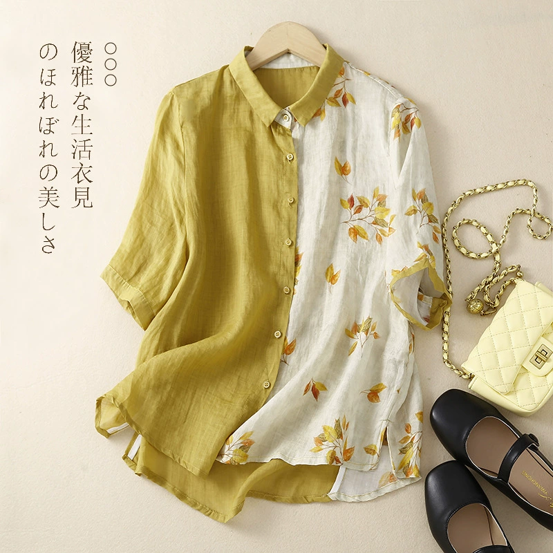 Женская рубашка с принтом в стиле ретро, новинка лета 2024, рубашка рами, темпераментный топ с короткими рукавами для женщин