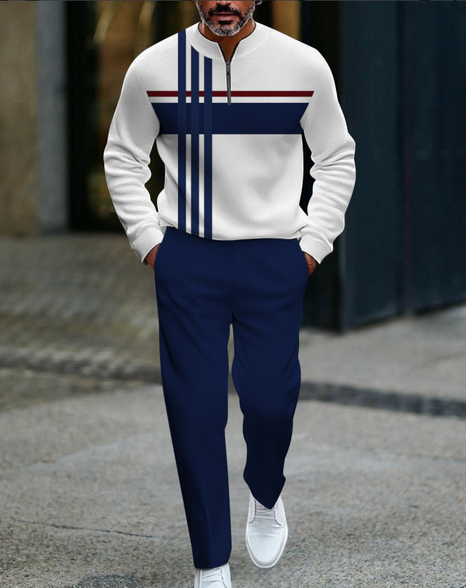 ​​Men's Half-Zip Sportswear Set – Casual Round Neck Top & Relaxed Fit Trousers (Black/Grey, S-XXXL)​​_viptrois.com