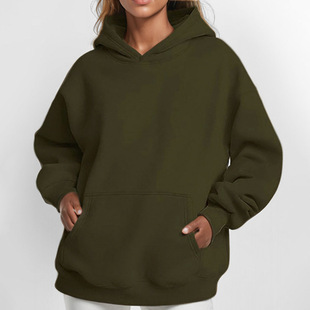 Cross-Border 2025 Autumn and Winter European and American Clothing New Fashion Solid Color Loose Casual Temperament Long-Sleeved Hooded Sweatshirt in Stock