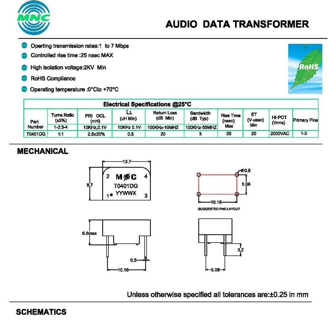 T0401DG 音频数据变压器 AUDIO DATA TRANSFORMER