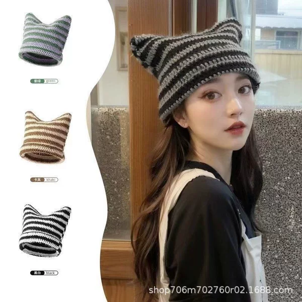 Korean Deviruchi Striped Knitted Wool Hat for Children Zhang Yuanying Same-style Cat Ears Cute Pointed Hat All-match