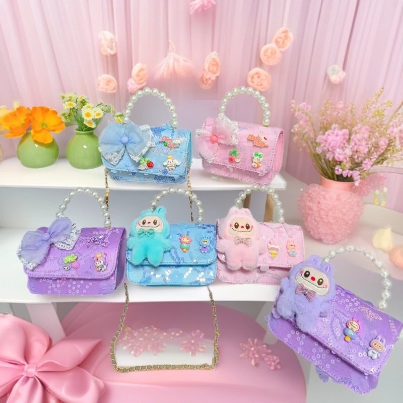 Niños perlas bolsos portátiles de princesa bolsos de cinturón de viento fragante bolsos de Año Nuevo de chicas bolsos de arco de cadena bolsos pequeños