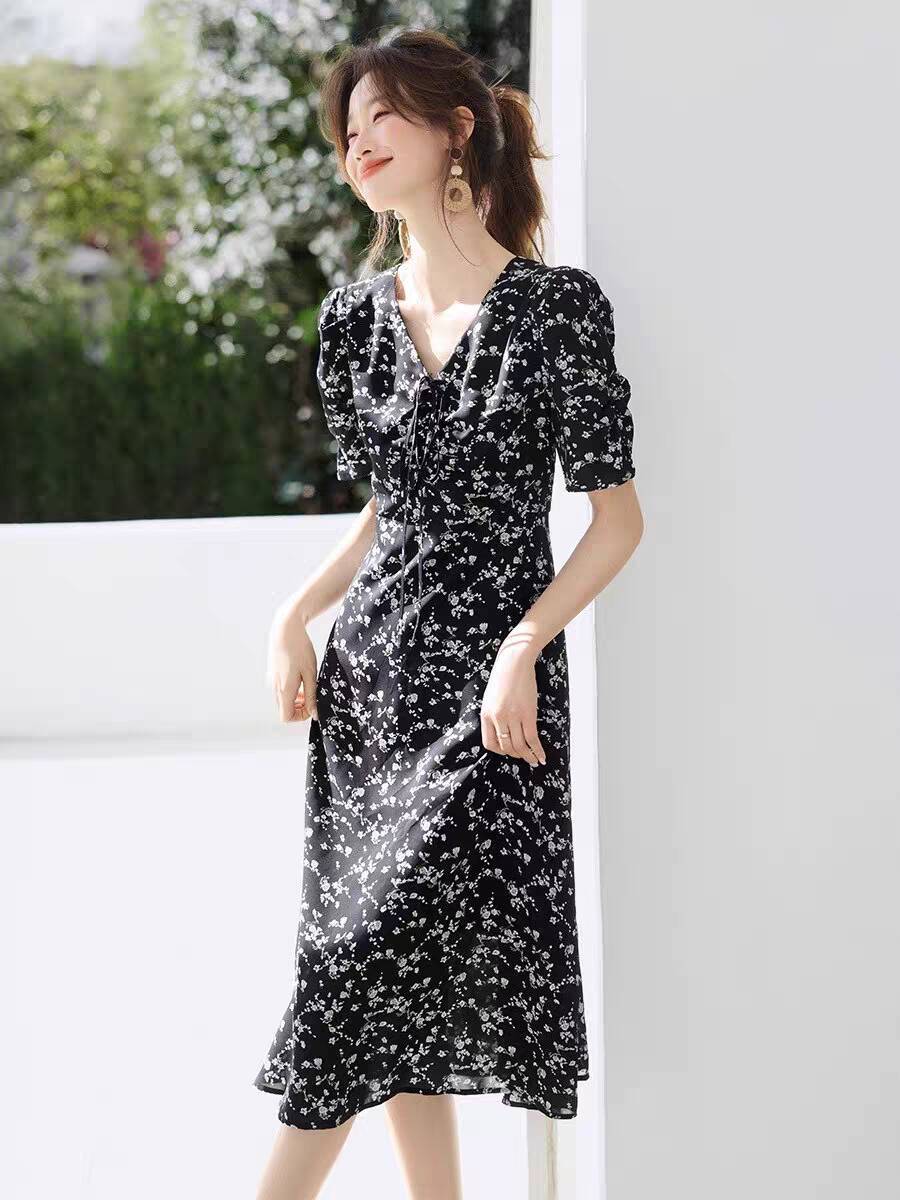 Váy tay bong bóng suông midi thắt eo kiểu Pháp — Hoa màu đen