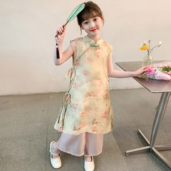 Children's National Style New Chinese Style Cheongsam Dress Girl Watercolor Lotus Flower Dress 2024 New Summer Dress Set