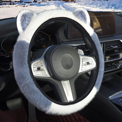 Steering wheel cover, wheel cover winter plush cat - blue-white-38cm