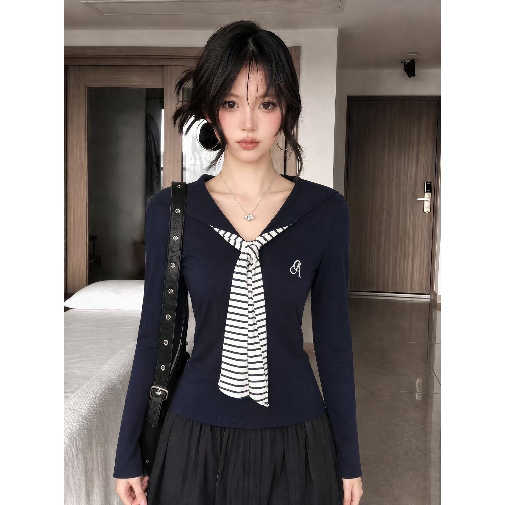 Zhuoze Wholesale [Original Fabric Rayon, Customizable Cut, Color-blocked Snowflake Cotton Stripes] Navy Collar Striped Base Layer