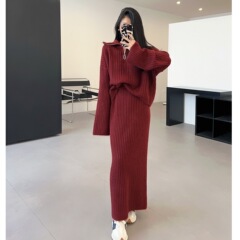 慵懒风半拉链翻领毛衣套装女秋冬季韩版宽松休闲针织半身裙两件套