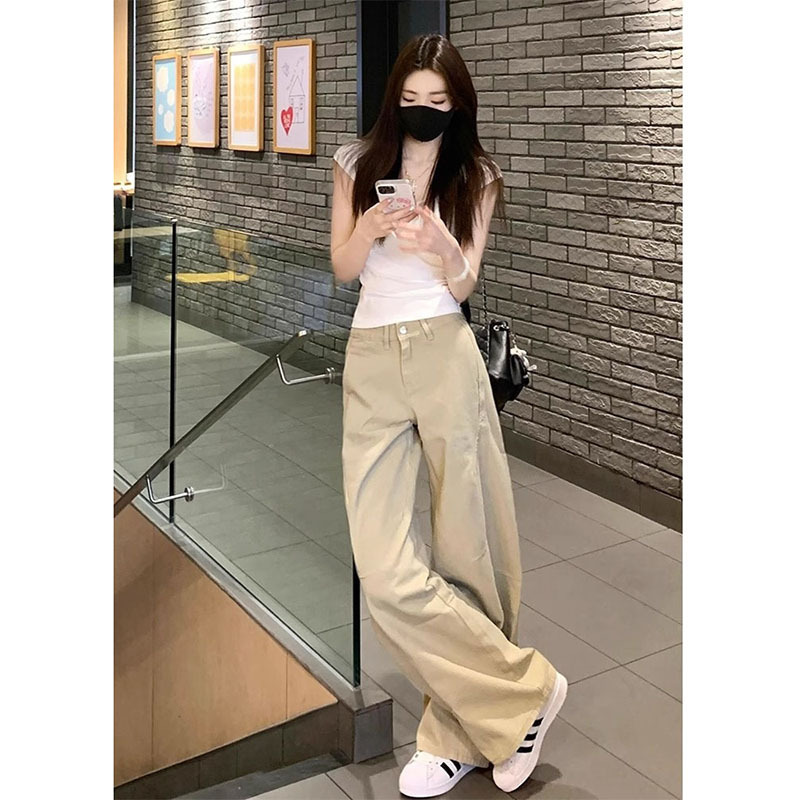 卡其色工装牛仔裤女夏季2025新款大码胖mm高腰宽松显瘦阔腿拖地裤|undefined