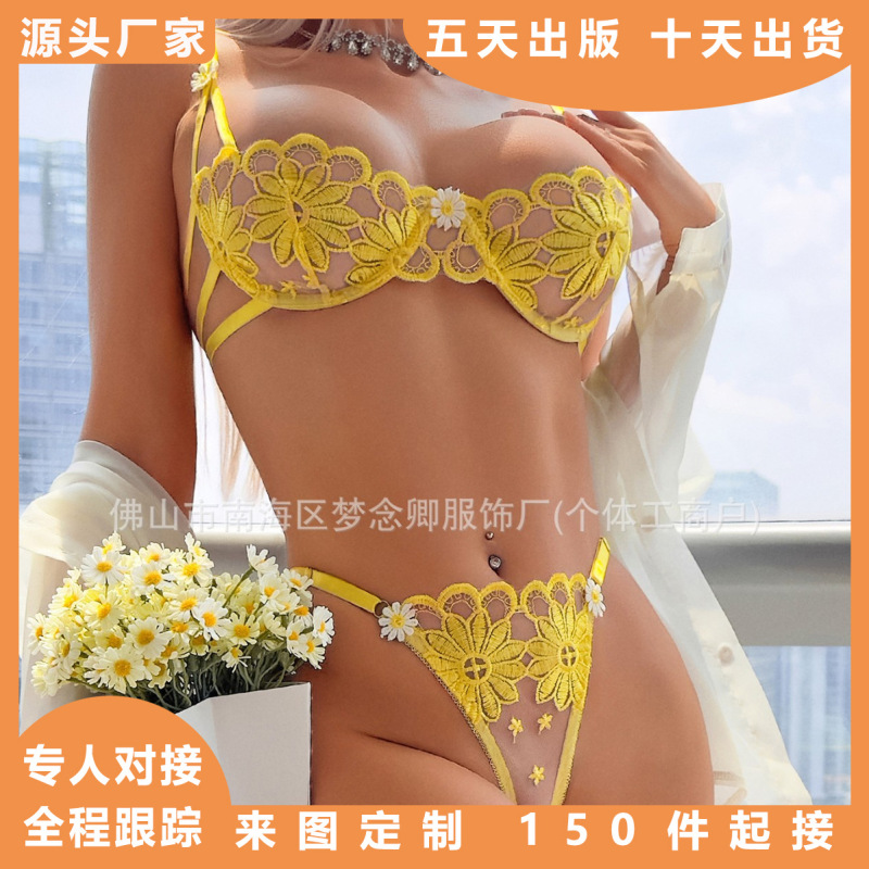 European and American Cross-Border Exclusive Hot-Selling Sexy Lingerie Mesh Daisy Embroidery Underwire Push-Up Bra Pure Desire See-Through Sexy