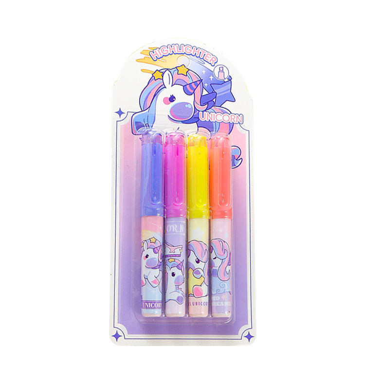 Resaltador de unicornio transfronterizo, tarjeta de succión, 4 paquetes, marcador de marca para estudiantes, papelería creativa, mini bolsillo, bolígrafo fluorescente