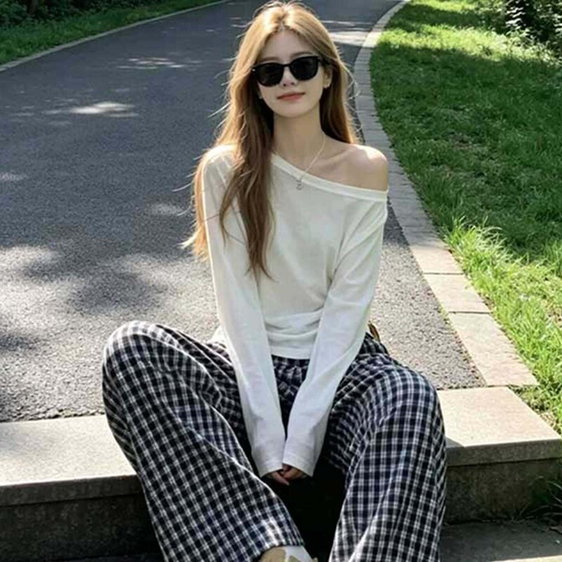 [Tencel Ribbed] Large Size Asymmetrical Neck Long Sleeve Sun Protection T-Shirt 2026 Summer New Casual Style Loose Fit Slimming Top