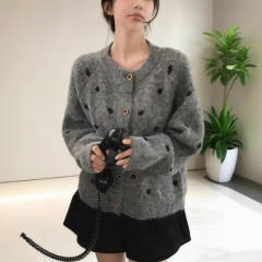 秋冬波点圆领针织开衫毛衣女2025新款韩版清新甜美宽松慵懒女外套