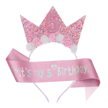 2岁 3岁4岁 5岁 6 7岁小女孩皇冠粉色绶带儿童生日发箍礼仪带套装