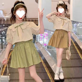 女童夏装娃娃领雪纺衫短裤两件套2025新款中大童韩版休闲甜美套装
