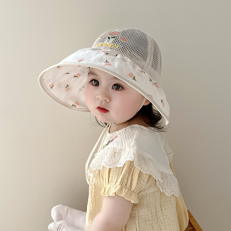 Sombrero para niños verano fino malla transpirable sombrero de ala grande sombrero de protección solar mujer bebé dulce flor sombrero de pescador