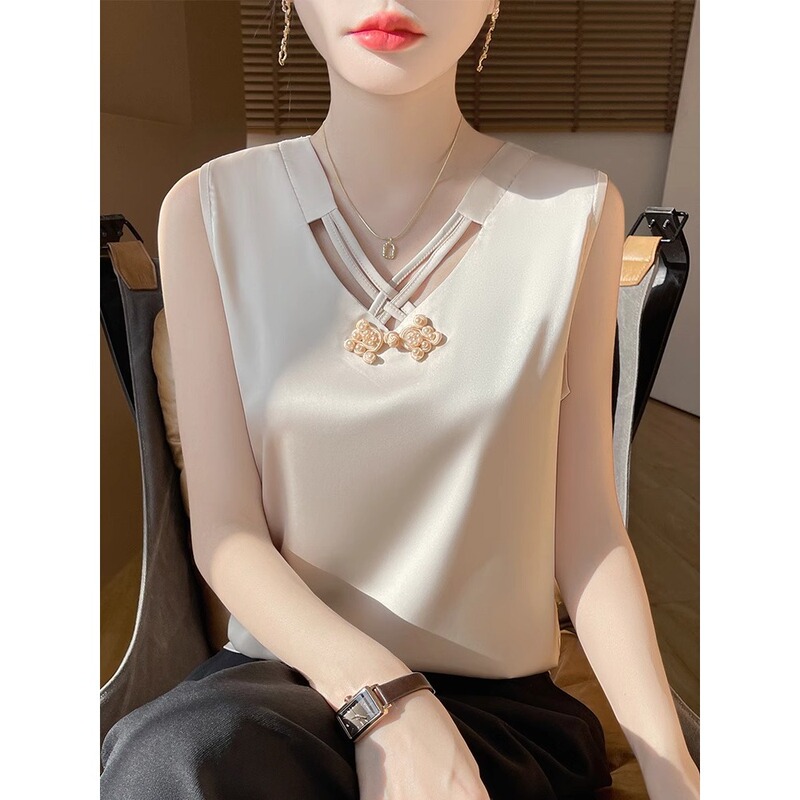 New Chinese Style Women's Outer Wear Summer Large Size Slim Satin Jacquard Bottoming Shirt Sleeveless V-Neck Inner Vest A3894
