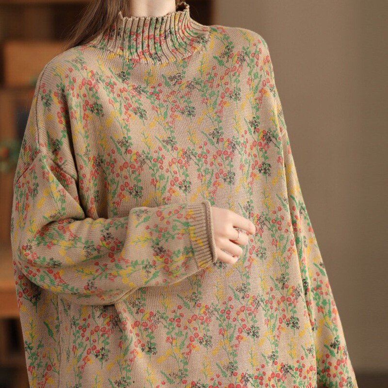 New artistic jacquard pullover women's cotton knitted top women's half turtleneck long sleeve sweater inner