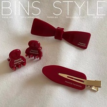 韩国进口复古酒红色金标醋酸蝴蝶结边夹无痕发夹百搭少女迷你抓夹