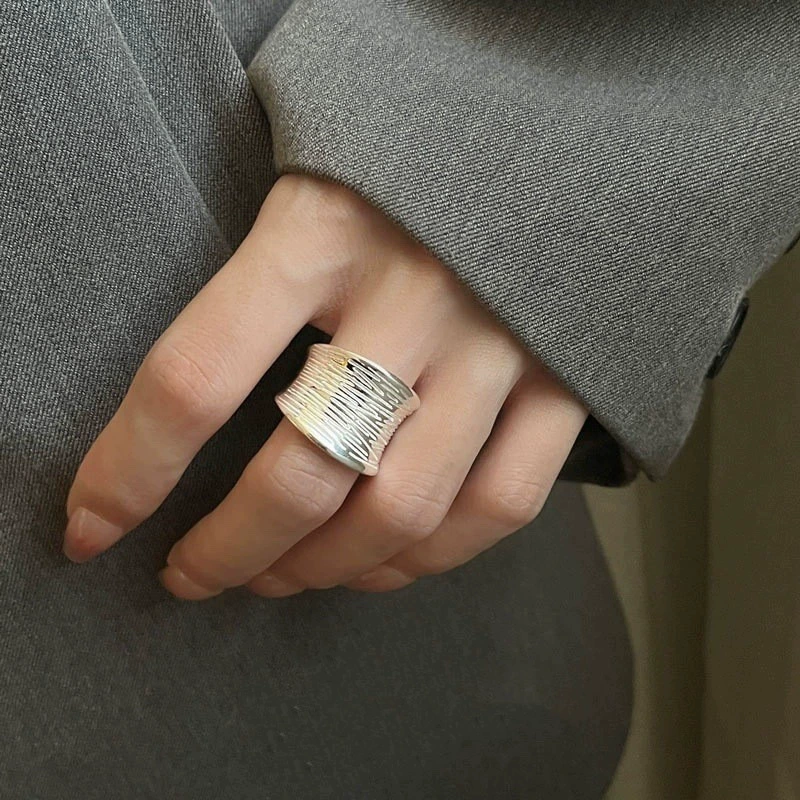 retro fashionable geometric ring hip-hop style, silver 925 sample, on index finger