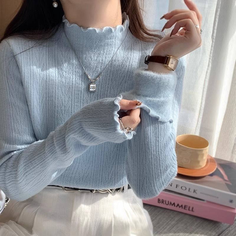 【绵羊绒】羊毛女衫加绒加厚毛衣保暖上衣一体绒内搭修身打底衫冬