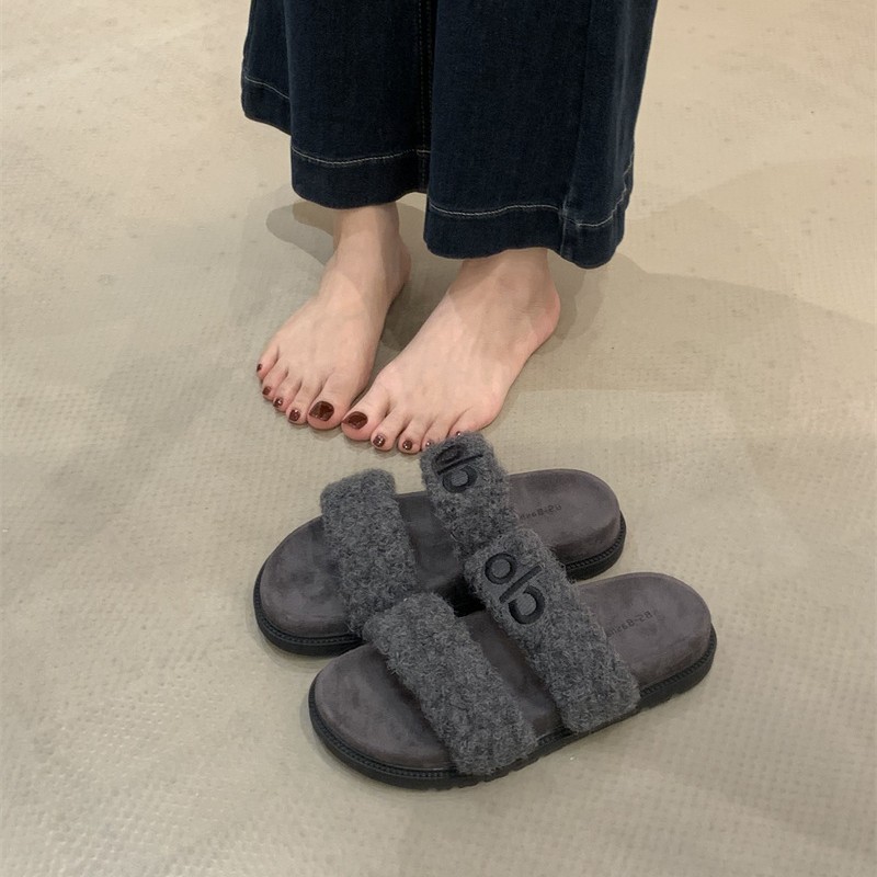 秋冬可爱毛绒拖鞋女双带字母装饰居家拖鞋防滑室内外穿拖鞋子|undefined