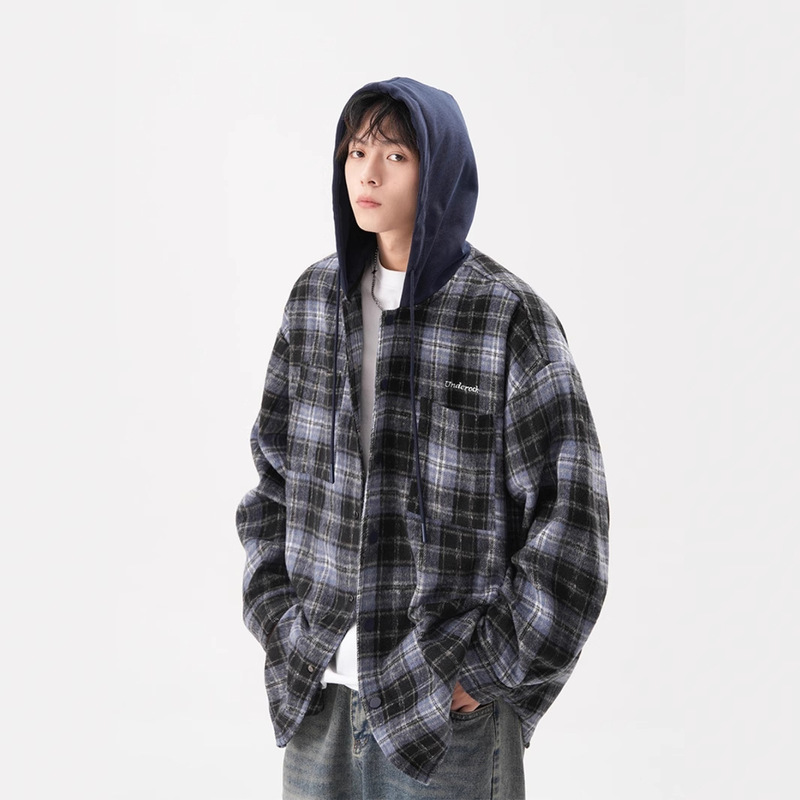 American Fake Two-Piece Plaid Hooded Shirt Men's and Women's Autumn Loose Casual Shirt Jacket Lazy Style Couple's Jacket American Fake Two-Piece Plaid Hooded Shirt Men's and Women's Autumn Loose Casual Shirt Jacket Lazy Style Couple's Jacket