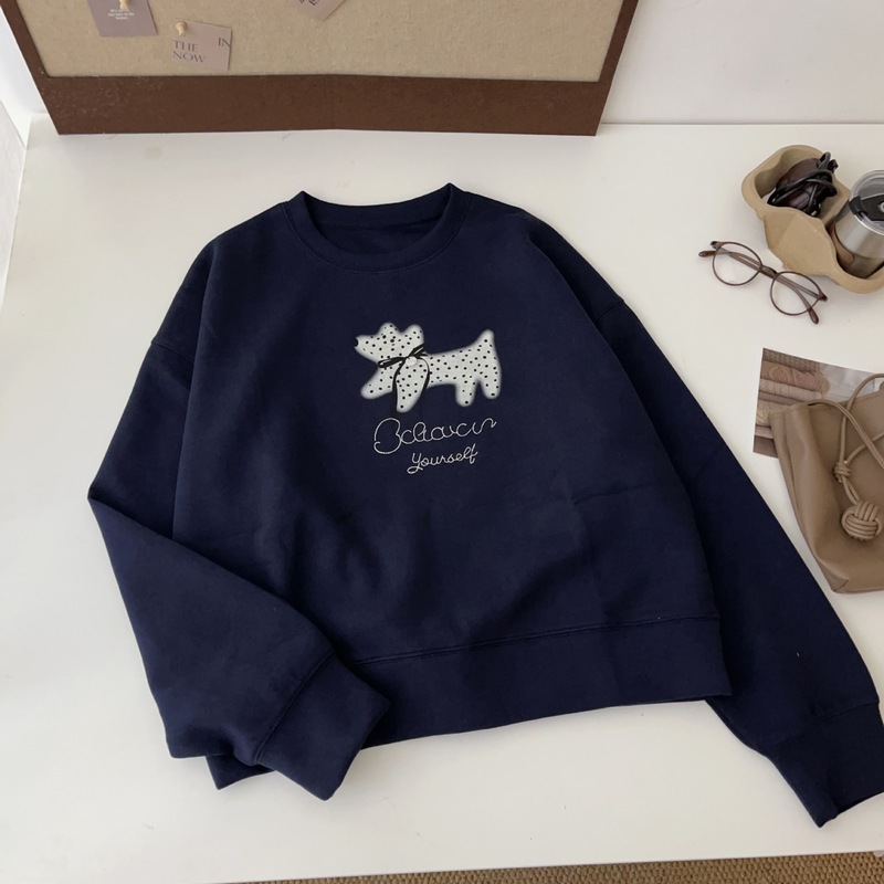 韩系简约狗狗印花落肩款休闲百搭圆领卫衣女日系宽松休闲百搭上衣|undefined