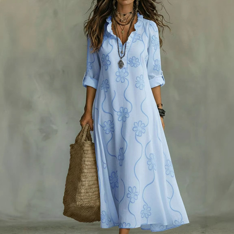 2026 Independent Site Spring/Summer Fashion Lace Cotton Linen Printed Long Dress Amazon Aliexpress