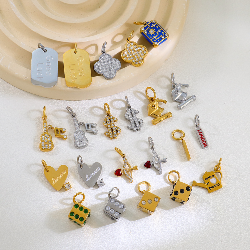 European and American Stainless Steel Lucky Card Dice Four-Leaf Clover Graduation Cap Pendant DIY Pendant Vacuum Electroplating 18K Gold