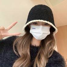 日系黑色羊羔毛绒渔夫帽女秋冬百搭小香风显脸小素颜针织水桶帽