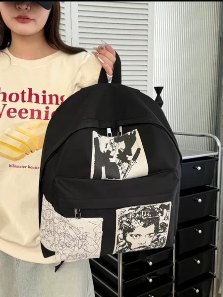 New Versatile Cartoon Anime Backpack with Patchwork Design, Large Capacity, Color-Blocking Outdoor Travel Bag, Laptop Bag, Shoulder Bag