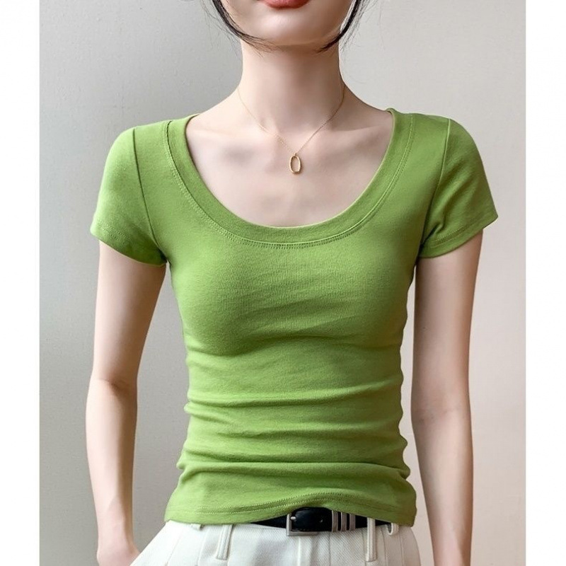 女性のための純綿右肩半袖 Tシャツ 2025 夏の新しいスリムフィット露出鎖骨痩身 U ネックボトムシャツトップホットガール|undefined