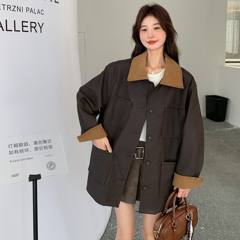 咖色独特工装风衣外套女中长款2025秋季新爆款小个子休闲撞色皮衣|undefined