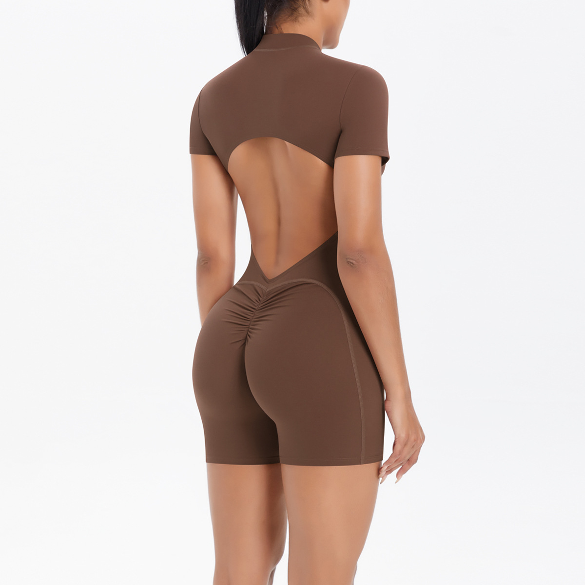 New Solid Color Zipper Beauty Back Tight One-piece Yoga Suit Breathable Sports Running Fitness Bodysuit_voghion.com