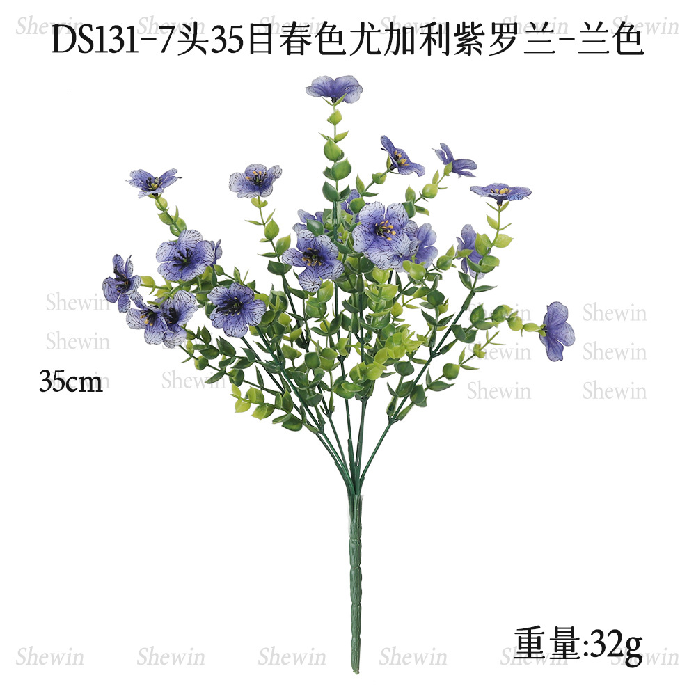 Flores artificiales de eucalipto violeta de siete cabezas para decoración de jardín exterior, hogar, hotel, boda, adornos de flores artificiales.