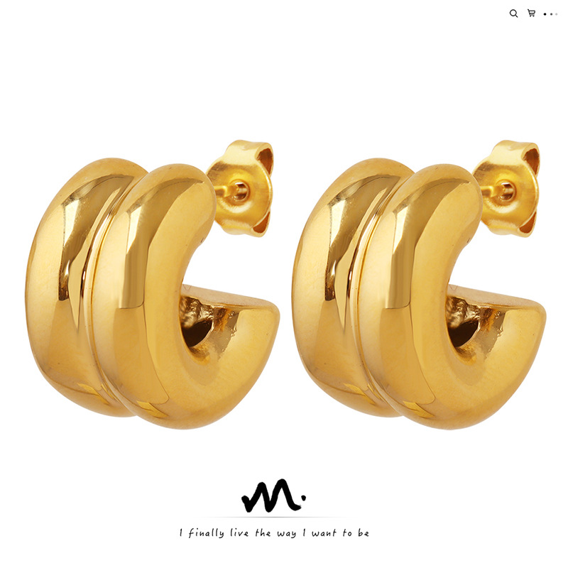 Pendientes de espejo de medio anillo de doble capa en forma de C para mujer pendientes chapados en oro de 18K accesorios de acero de titanio retro minimalista europeo y americano que no se desvanecen