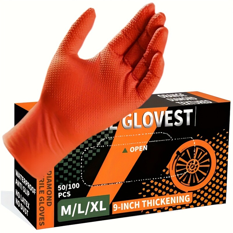 Orange Black Diamond Pattern Nitrile Gloves for Car Repair, Thickened Disposable Heavy-Duty 8Mil Nitrile Gloves Orange Black Diamond Pattern Nitrile Gloves for Car Repair, Thickened Disposable Heavy-Duty 8Mil Nitrile Gloves