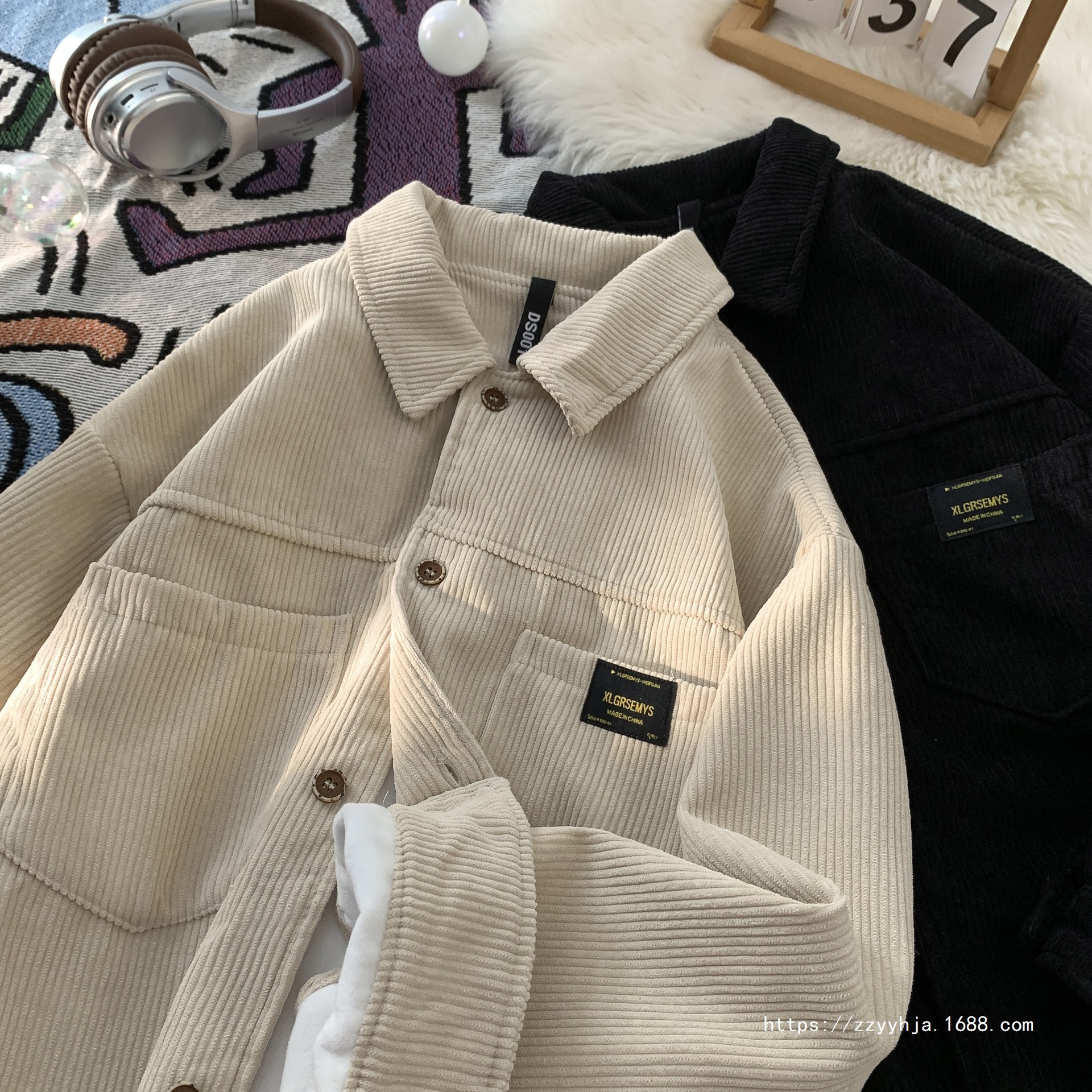 웨윤 코듀로이 긴팔 셔츠 재킷 남자 가을 겨울용 플러스 벨벳 두꺼워진 루즈 캐주얼 라펠