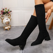 欧美秋冬新款绒面圆头粗跟后拉链时装高筒靴女高跟不过膝瘦瘦女靴