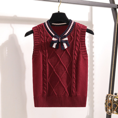 Children's Woolen Vest School Uniform Vest 2024 Spring and Autumn New Tops Girls Boys Students Woolen Bow Tie Vest