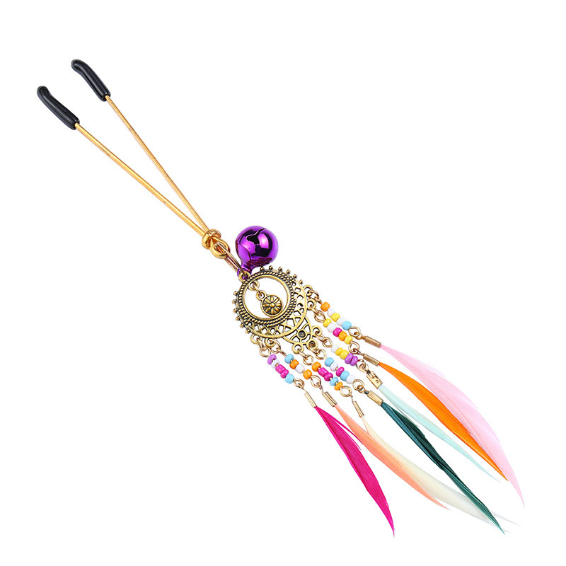 Vintage Metal Nipple Clamps with Feather Tassels, Bohemian Style Pair — detail image 9